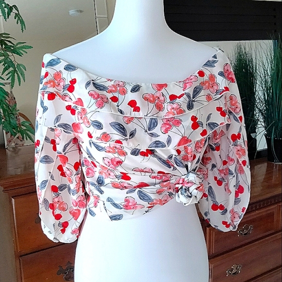 Zac & Rachel Tops - Zac & Rachel Cherry Print Off-Shoulder Blouse with Ruffle Detail Sz Small